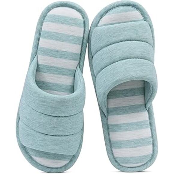 Shevalues Women Size 8.5 Bue White Striped Open Toe Slide On House Slipper Shoes - Picture 1 of 7